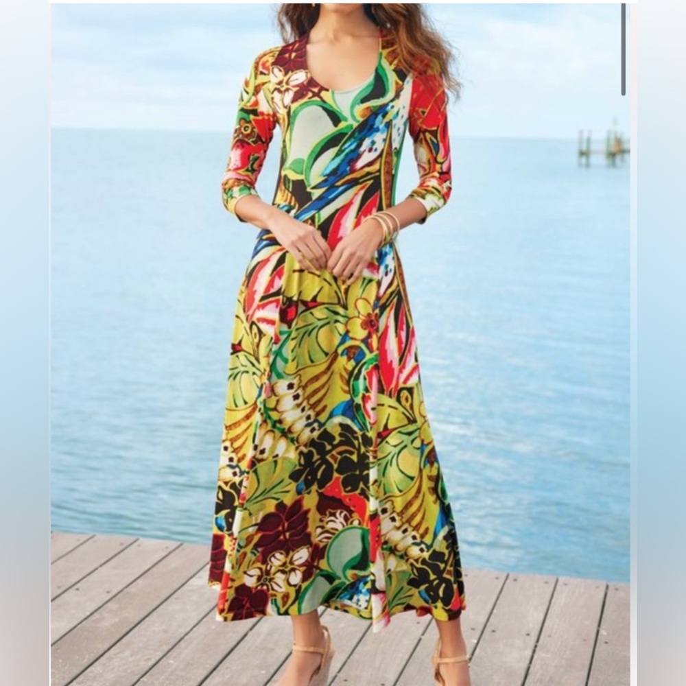 Soft Surroundings Magnolia‎ Dress Golden Green Floral Midi Women’s Size Medium